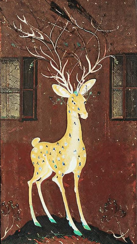 Duohuan,Nine_Colored_Deer,(illustration:1.1),(bestquality),(masterpiece:1.1),no humans,red background,antlers,painting \(medium\),animal focus,animal,
<lora:Dunhuang V2.0-000009:1>,