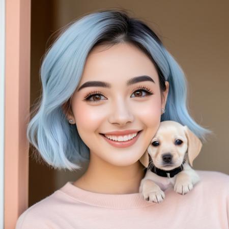 She is a super cute 20-year-old girl with a shy smile, playing with her pet Labrador outside her house. Her pastel blue hair, styled in a short bob with darker roots, tucks behind her ears and curls inward at the ends. She has an oval face with a fair, smooth complexion and a thin, delicate jawline. Her large, dark brown eyes are framed by thick, black lashes and well-defined, arched eyebrows. Her nose is petite with a rounded tip, and her full lips, naturally peach-pink, form a gentle smile. She wears light makeup, with subtle eyeliner, mascara, and a touch of blush. Her expression is friendly and approachable, with a soft, shy gaze. Simple stud earrings add a touch of elegance to her youthful, cute appearance.