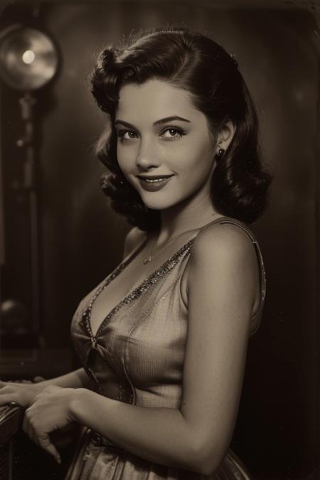 retro pin up photo , (Sepia:1.2), a jazz singer, bar lightings,1950s Fashion, MAKEUP ,Shoulder out, poses in front of the camera, Hollywood Smile, realistic photo 、