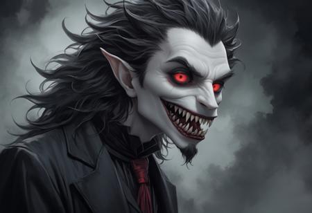 Dark gothic oil painting, vampire lord portrait (style of Tim Burton), left side aristocratic features: pale skin, sharp cheekbones, elegant black velvet attire:1.3, right side transformed into monstrous wolf-like visage:1.4, fur-covered face, glowing red eyes, snarling fangs, divide is a flowing stream of crimson blood:1.2, dark shadowy background, faint hints of cracked stone walls, subtle lighting accentuates facial contrast:1.1, ambient fog surrounding lower frame:0.7, muted color palette with deep reds and blacks