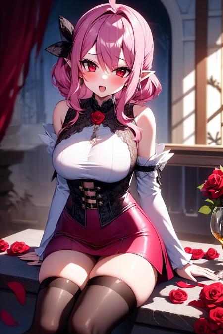 1girl, alcohol, cup, detached sleeves, drinking glass, flower, pink hair, pointy ears, purple flower, purple rose, red eyes, red flower, red rose, rose, rose petals, sitting, solo, thighhighs, vampire, wine glass, miniskirt, dress