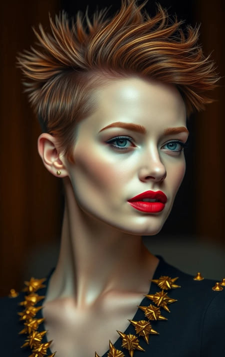 Close-up portrait of a woman with a dramatic, spiky hairstyle.  The hair is a mixture of golden-bronze and deep red, styled in sharp, pointed spikes that extend outward from her head.  A sophisticated, hyperrealistic rendering showcasing the skin's fine textures, emphasized by subtle lighting. The woman's makeup is impeccably applied, featuring light tones and a bold, vibrant red lipstick.  She is wearing small gold stud earrings, and a black top with golden, spiky embellishments that cascade down her shoulders. The background appears as a darkened, out-of-focus studio setting with soft, warm ochre tones and diffused lighting that beautifully highlights her features.  The overall aesthetic is dramatic, elegant, and slightly edgy, evoking a feeling of stylized glamour.
