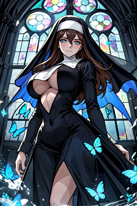 official art, unity 8k wallpaper, ultra detailed, beautiful and aesthetic, High quality, beautiful, masterpiece, best quality, (zentangle, mandala, tangle, entangle:0.6), 1girl, solo, blue butterfly, breasts, veil, nun, butterfly, large breasts, bug, bangs, long hair, long sleeves, dress, black dress, looking at viewer, brown hair, closed mouth, gothic church scene, side lighting, rim lighting, demonic view, indoors, hair between eyes, underboob, sky, window, pillar, pelvic curtain, water splash, wind swept, glitter,ultra sharp