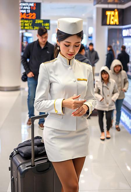 DSLR-style, glamorous, elegant 26-year-old Korean model, extremely pale skin with natural texture.  parted lips, masterpiece, ultra high-res  
<lora:NOOB_vp1_detailer_by_volnovik_v1:1>
barely visible pores, subtle skin texture variation, translucent skin tone, full body. 
A stylish individual, appearing to be a flight attendant due to their crisp white uniform featuring gold accents on the jacket cuffs and a matching peaked cap, stands in a modern, brightly lit indoor space, possibly a shopping mall or airport terminal. They are looking down at a small, light-colored object in their hands, seemingly focused on it. A rolling suitcase stands beside them. The floor beneath them is a translucent material, revealing a lower level. In the background, several other people walk by, including a person in a dark jacket and jeans and another in a light-colored hooded jacket and pants. Signage with text and numbers is visible in the background, along with the illuminated sign of a tea shop. The overall atmosphere suggests a moment of pause in a busy public area. Capture the details of the uniform, the translucent floor, the various background figures, and the ambient lighting to create a realistic and engaging scene. Pay close attention to the textures of the clothing and the reflections on the floor.