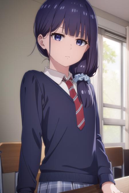 misuzugundou, <lora:misuzu gundou s1-lora-nochekaiser:1>,
misuzu gundou, long hair, bangs, black hair, hair ornament, blunt bangs, scrunchie, hair scrunchie, blue scrunchie, (purple eyes:1.1),
BREAK school uniform, necktie, sweater, red necktie,
BREAK indoors, classroom,
BREAK looking at viewer, (cowboy shot:1.5),
BREAK <lyco:GoodHands-beta2:1>, (masterpiece:1.2), best quality, high resolution, unity 8k wallpaper, (illustration:0.8), (beautiful detailed eyes:1.6), extremely detailed face, perfect lighting, extremely detailed CG, (perfect hands, perfect anatomy),