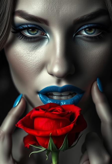 A hyper-stylistic, extremely detailed image depicts a woman's face, her features a masterpiece of elegance and sophistication. She grips a red rose by the stem with her teeth, its petals a vibrant, fire-engine red that stands out against the monochrome background. Her eyes are lined with gorgeous blue eyeliner, its color a deep, rich shade that adds to her allure. Her lips are painted a matching shade of blue, a striking contrast to the red rose. The rose's stem is delicate and slender, and the woman's teeth hold it gently in place, as if she's savoring the moment. Every detail of the image is meticulously crafted, from the intricate, textured patterns of the rose's petals to the delicate, nuanced expressions on the woman's face. The overall effect is one of sultry, sophisticated glamour, as if the viewer has stumbled upon a 1920s film noir siren. highest-Quality, intricate details, visually stunning, Masterpiece