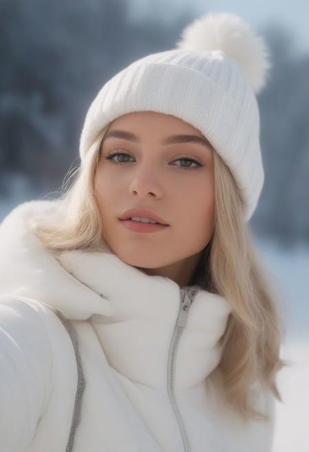 Most prettiest 19 year old girl, supermodel, detailed shiny skin, twin tail blonde hair with darkened tips, wearing white winter jacket, and a white winter beanie, (selfie), winter time, beautiful scenic snowy nature, frozen river, soft lighting, film grain, bookeh, upper body, moody Instagram photo, Arri Alexa, 8k, high definition, intricate detail, best quality, high fidelity, 50 mm camera