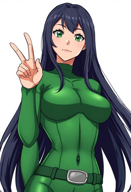 comic, black hair, long hair, animifacation, V, anime, superhero, cowboy shot, skin tight, closed mouth, small breasts, looking at viewer, green bodysuit, belt, bodysuit, solo, green eyes, woman, breasts, white background, bracer, superhero, smile