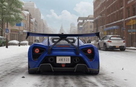 zenvotsrs sports car rear view parked in a snowy street in a (city:1.3), global illumination, volumetric lighting, best quality, highly detailed, illustration, cgi, octane render