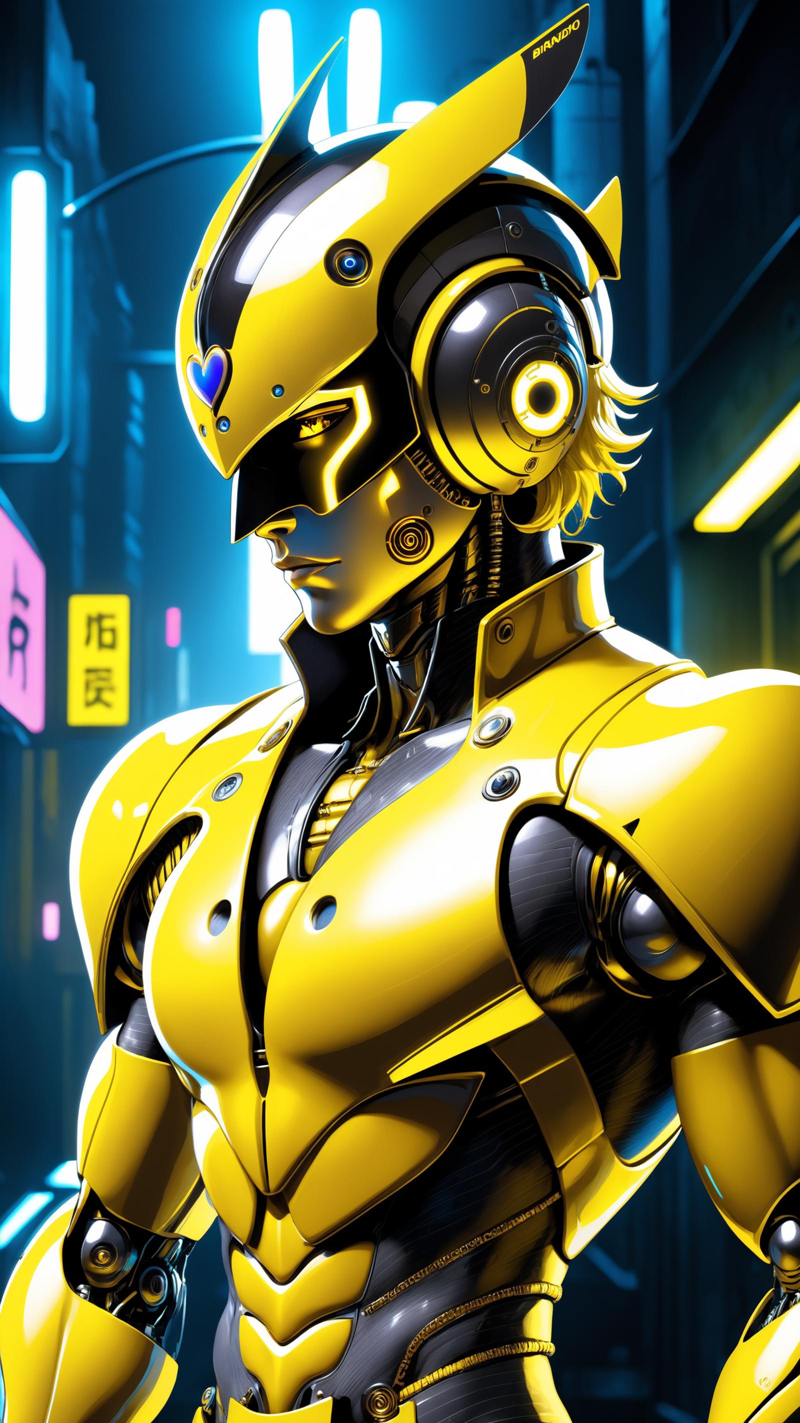 A futuristic robot character wearing a yellow top and headphones.