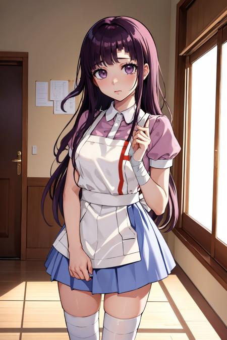 tsumiki mikan, mole under eye, purple / black hair pink shirt, puffy short sleeves, white apron, blue skirt, bandaged leg, bandaged arm