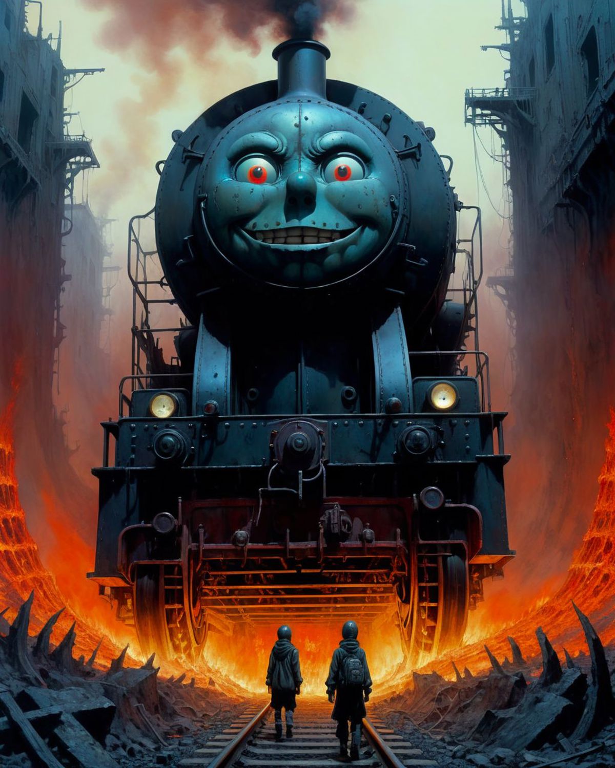 A Fantastical Artistic Illustration of a Train with a Face and Two People Standing in Front of it