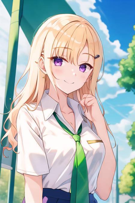 Saki, blonde hair, hairpin, tied hair,  white shirt, green tie, (school uniform), purple eyes, school, smiling, waves her hand