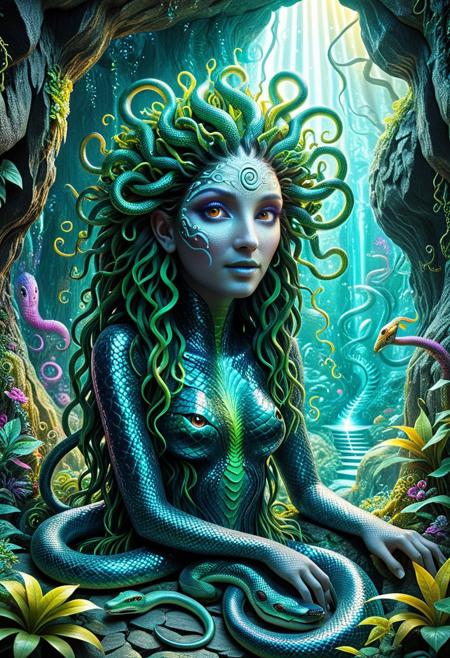 a  pencil medusa with wriggly snake hair  in a magical mythical setting, Cave whose walls are covered with shimmering plants, prismatic snakes, vibrant  surreal, whimsical, playful, intricate details, cinematic lighting, digital painting, trending on artstation, 8k, ultra-detailed, masterpiece, fantasy art,  mythical creatures,  magical atmosphere, ,<lora:SankeHairILL:1>, Pencil_morph_style