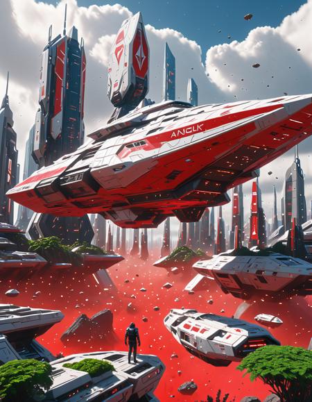 <lora:SW_Minis_7xlc:1> huge angular design spacecraft, cyberpunk cityscape, red war paint, tiny human under, tiny vegetation, rocks, flying dust, rocks, day,