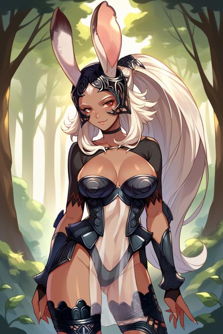 ff12fran, viera, rabbit ears, dark skin, white hair, long hair helmet, revealing clothes, armor, bracers, armored legwear, see-through