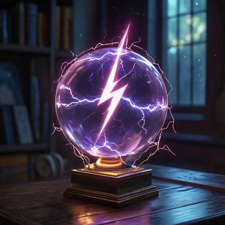 A beautiful translucent pale orb containing glowing lightning bolt symbol, crystal clear, Fancy stand, time distortion, high quality, extreme detail, ultra hd,