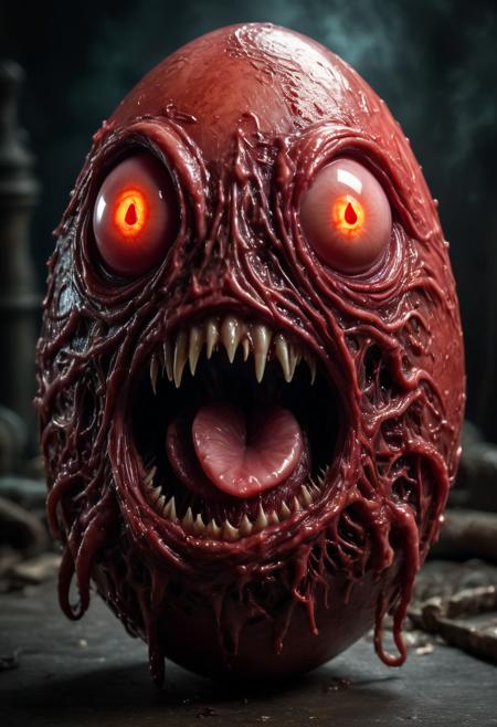 a lovecraftian red egg covered with human facial features, huge screaming mouth, large nose, fearful eyes, photo realistic, morph <lora:FleshmutantXLV4:0.8> eldritch abomination, fleshmutant, crying blood from eyes,  glow effects