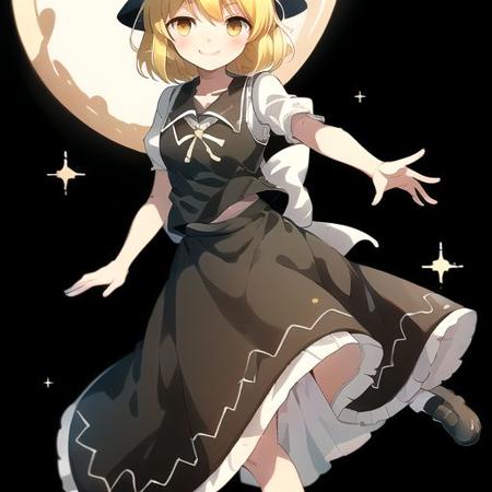 yuki \(touhou\) 1girl, solo, yellow eyes, yellow hair, bow, hat bow, socks, black footwear, black skirt, short sleeves, black vest, white sleeves, frill skirt,