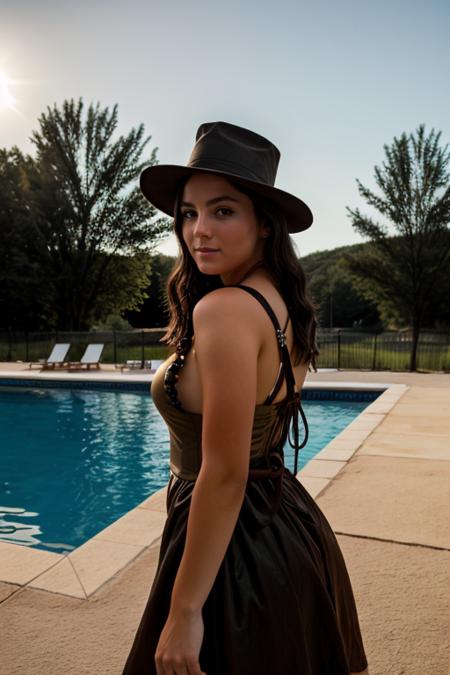 pilgrim costume ,  swimming pool , evening  <lora:Monica1873Barbaro:1> masterpiece, best quality, detailed face, 1girl, solo, a woman, m1873b,