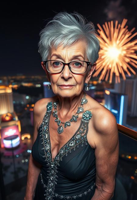 masterpiece, amazing quality, detailed cinematic image, photorealistic front portrait, directional lighting.
photo of a thin, elderly woman with wrinkles, silver haired pixie haircut, reading glasses, wearing an elegant bedazzled evening gown, earrings, necklaces, lace stockings, high heels, hotel balcony overlooking Las Vegas at night, city lighting. 
Perfect Composition, photorealistic image, highest quality, masterpiece, ultra 8k, directional lighting, highly detailed face, high contrast, fireworks explode over the las vegas skyline.