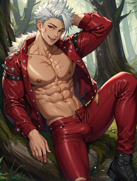 ban (7), solo, looking at viewer, short hair, red eyes, 1boy, navel, sitting, nipples, jacket, white hair, male focus, open clothes, penis, tongue, pants, off shoulder, open jacket, torn clothes, fur trim, muscular, scar, erection, abs, pectorals, muscular male, spiked hair, bara, red jacket, scar on face, veins, knee up, topless male, precum, leather, bare pectorals, red pants, torn pants, leather jacket, leather pants, <lora:Ban_The_seven_deadly_sins-02:1>, smile, open mouth, forest