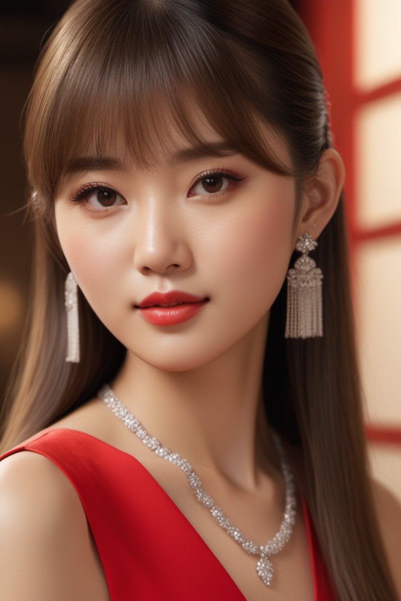 (Sketched:1.3) A photo of a girl, Home cut, fringe, straightened hair, long hair, bangs, Asian lady, Red dress, jewelry, b...