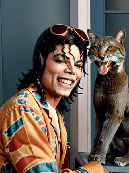 leavemealone michael jackson man smiling, posing for a photo with a cat, professional photography, intricate detail, high quality, masterpiece  <lora:hjleavemealone_v10:0.8>