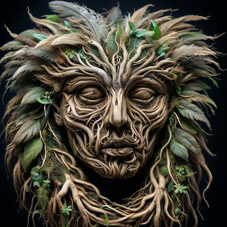 ritual mask carved from ancient root, surface riddled with fungal bloom and bark cracks, feathers woven into sides, tribal patterns etched by time, worn by faceless druid cloaked in vines and mist, PG-TR