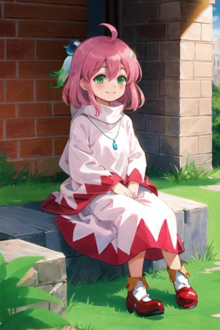 shiroma, green eyes, short hair, pink hair, ahoge, hair ornament, necklace, white dress, smile, sitting, castle  <lora:shiroma:1>