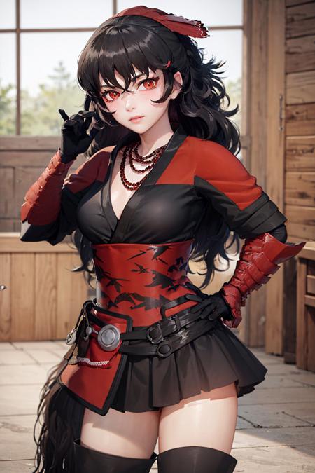 (masterpiece, best quality:1.2), <lyco:rwby_branwen-10:1.0>, cowboy shot, solo, 1girl, raven branwen, expressonless, looking at viewer, hand on hip, armor, skirt, thighhighs, (gloves:1.1), necklace