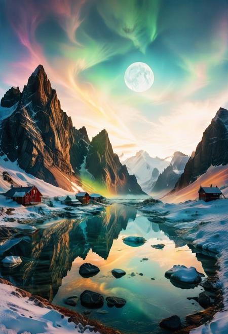 (by Ellen Jewett:1.5), (Bioluminescent Impressionism, Greenland  landscape, The Dreamland,, their peaks veiled in mist. mixed media, surrealism, great lighting, A surreal landscape highly detailed . extremely high-resolution details,  appears trapped in an optical illusion of reflections and refractions colorful , mountains and village in Greenland, professional photography, natural lighting, volumetric lighting maximalist. intricately detailed, complex, elegant, expansive, fantastical,snow, ice, night, moon,  ethereal landscapes, depth of field, biotech emotion:1.3) <lora:xl_more_art-full_v1:0.5> <lora:add-detail-xl:1> <lora:RMSDXL_Creative:2>. GhostlyStyle
