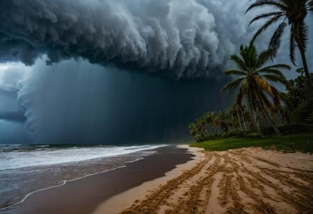 A heavy storm with rain on a sandy beach between palm trees.
