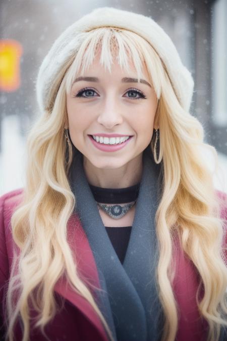 professional portrait photograph of a gorgeous (proxy-3000) in winter clothing with long wavy blonde hair, ((sultry flirty look)), freckles, beautiful symmetrical face, cute natural makeup, wearing elegant winter fashion clothing, ((standing outside in snowy city street)), stunning modern urban upscale environment, ultra realistic, concept art, elegant, highly detailed, intricate, sharp focus, depth of field, f/1. 8, 85mm, medium shot, mid shot, (centered image composition), (professionally color graded), ((bright soft diffused light)), volumetric fog, trending on instagram, trending on tumblr, hdr 4k, 8k