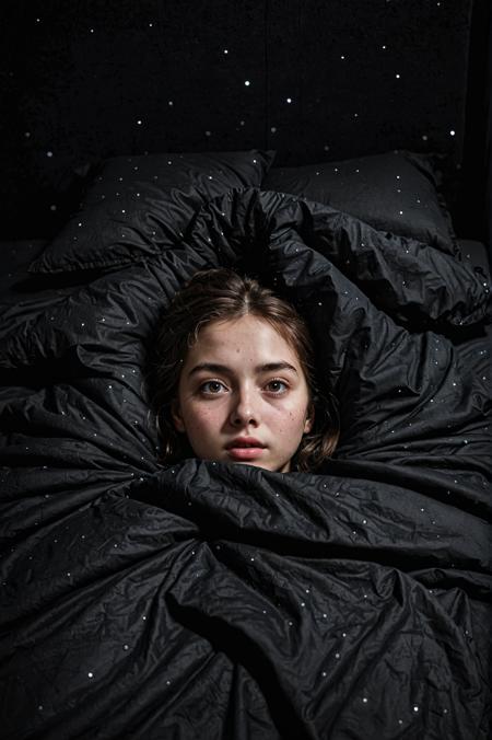 black bedsheets, at night, enormous, high detail, atmosphere with soft particles, highly detailed face, screencap, Ink illustration, (best quality:1.2), stark contrast, 8k, excellent stunning still-life photography taken by International photography awards winner, exemplary masterwork with high-quality details, (cute)