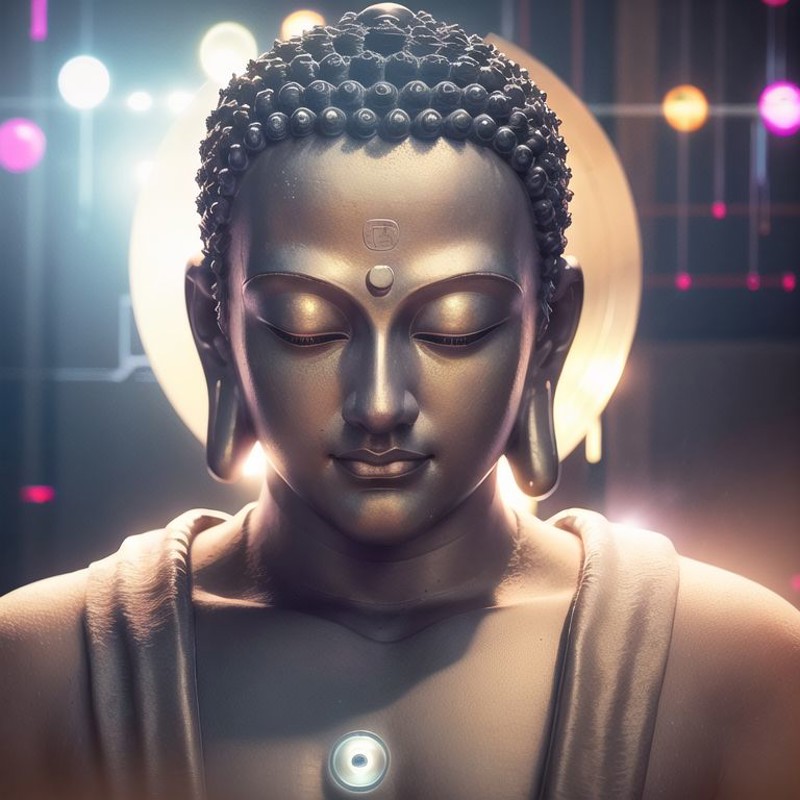 <lora:zyd232_BuddhaStatue_v1.1:0.8>, buddha statue, (metal:1.5), smooth, upper body, (light disk behind head:2), bright, r...