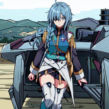 <lora:Chris_Crossange-10:1>Masterpeace,high quality,outdoor,Chris_Crossange, 1girl, solo, long hair,thighhighs, blue hair, braid, ahoge, boots, belt, black footwear, hair over one eye, uniform, grey eyes, military, single braid, military uniform, thigh boots, hair over shoulder