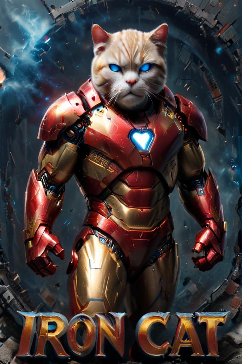 A cat wearing a red Iron Man suit with a heart on the chest.