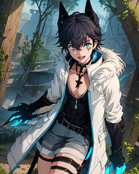 axds, 1boy, solo, male focus, claws, cleavage, scar, mechanical tail, jewelry, white jacket, fur-trimmed jacket, open clothes, fur trim, black shirt, shorts, thigh strap, black footwear, boots, high heels