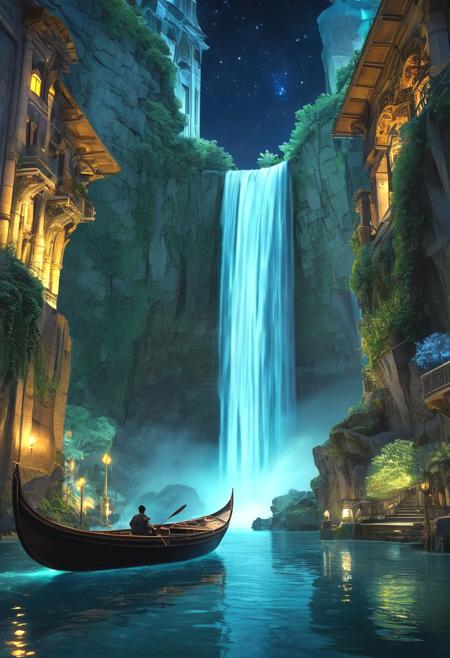 Starlight River: A mystical river flowing through a volcanic landscape. The water shimmers with starlight, reflecting the Milky Way:1 above. Strange, glowing plants line the riverbank ethereal waters. intricate details of thePanoramic night scene of a sci-fi city inspired by Studio Ghibli and Alphonse Mucha. A majestic waterfall cascades down a central skyscraper, its water illuminated by the moonlight. Intricate details on the waterfall evoke Mucha's Art Nouveau style. The cityscape stretches out on either side, bustling with futuristic activity. Selective focus blurs the background, drawing attention to the waterfall and the city in the foreground. The scene is incredibly detailed, high quality, and in 4K resolution.
venetian type rowing boat in the middle
Emphasize the epic scale of the metropolis and its surrounding environment, while hinting at the mysteries of the lost civilization that built it.