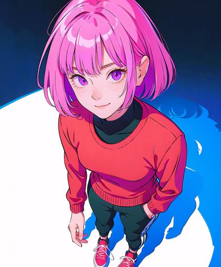 (8k, RAW photo, best quality, masterpiece:1.2), (extremely detailed CG, ultra-detailed, best shadow:1.1),1girl, solo, painting, drawing, ultra high res, ((extremely detailed face)), flat color, limited palette, low contrast, mature women, best lighting, sweater, pants, black eyeliner, blowing hair, closed mouth, pink hair, standing, full body:1.1, smile, purple eyes, sneakers, (fisheye, fisheye lens), from above,