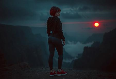 professional photography, perfect timing, perfect quality, 16k, very detailed, highly detailed, realistic,  dark theme, photorealistic, scinematic, Volumetric lighting, depth of field, cinematic, vibrant, dynamic dark lighting, Atmospheric effects, bokeh, dark, low-key, 
a slim woman, on the ground, silhouette, muscle body, tight body, tight ass, tight legs, short red hair, nail_polish, red sneakers, black hoody, blue torn leggings, yellow eyes, dreaming look, light tan, silhouette, showing back, on the ground, on a mountain, dark red evening, red glowing fog in the canyon, cliff, red dim glowing sun, some small fine dark clouds, mountain,