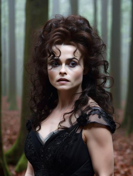 (realistic, professional photo:1.1), HBCarter, detailed hair, detailed eyes, pretty face, elaborate black dress, outside, dark forest, creepy, fog, <lora:HBC-SDXL-RS:1>