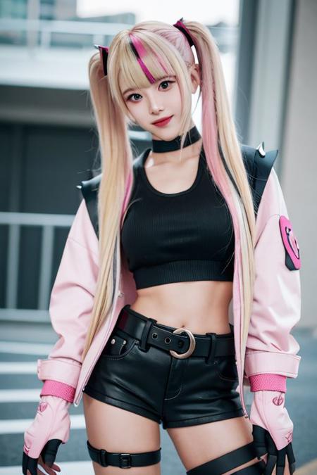 1girl, long hair, blonde hair, twintails, solo, jacket, bangs, spikes, looking at viewer, multicolored hair, pink hair, streaked hair, gloves, blunt bangs, fingerless gloves, black gloves, pink eyes, white jacket, crop top, midriff, smile, upper body, open clothes, belt, black shirt, shirt, breasts, navel, shorts, black shorts, open mouth, closed mouth, hair ornament, blurry, open jacket, thighhighs, thigh strap, medium breasts, horns, v, spiked bracelet, cowboy shot, short shorts