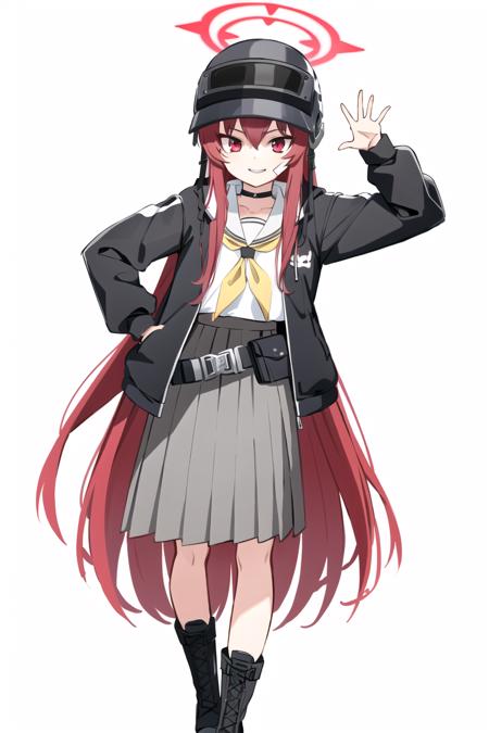 komakaze rabu, 1girl, solo, looking at viewer, smile, simple background, red eyes, hair between eyes, very long hair, school uniform, red hair, pleated skirt, boots, choker, belt, black jacket, halo, helmet, bandaid, yellow neckerchief, belt pouch, <lora:Komakaze Rabu:0.8> waving