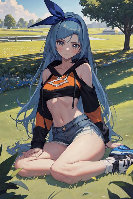 (masterpiece, best quality), outdoors, field, day, detailed face, 1girl, solo, MinahChaesu, long hair, medium breasts, <lora:MinahChaesu_V1-Manityro-dadapt:1>, toned, frown, looking at viewer, blue hairband, blue ribbon, hood, hood down, cropped hoodie, multicolored hoodie, black hoodie, orange hoodie, shoulder cutout, sitting