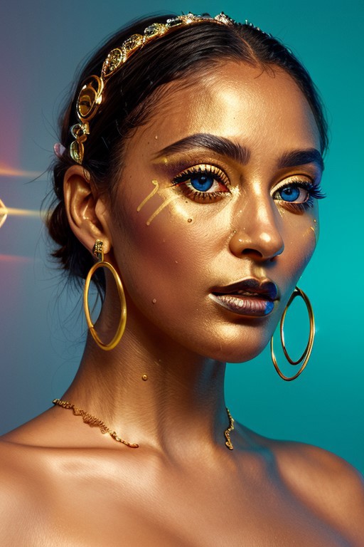 Imagine a hyper-detailed portrait of a woman with azure red skin, her face decorated with gold tribal patterns that swirl and curve around her eyes, cheeks, and neck. The golden motifs are complex, with lines, dots, and spirals that add texture and depth to her visage. Her lips are painted with a deep metallic color that harmonizes with the golden details on her skin. She wears a prominent headdress of silver, adorned with dangling ornaments that add movement and contrast to the stillness of her face. Large, elegant gold hoop earrings complement the tribal-inspired design, and her eyes are framed with dramatic golden eye shadow and long, defined lashes. The lighting is soft yet focused, highlighting the gold’s shimmer and the matte finish of her blue skin, lending a realistic touch to this ethereal composition. This photorealistic image fuses ancient cultural elements with a modern style, creating a mesmerizing effect,