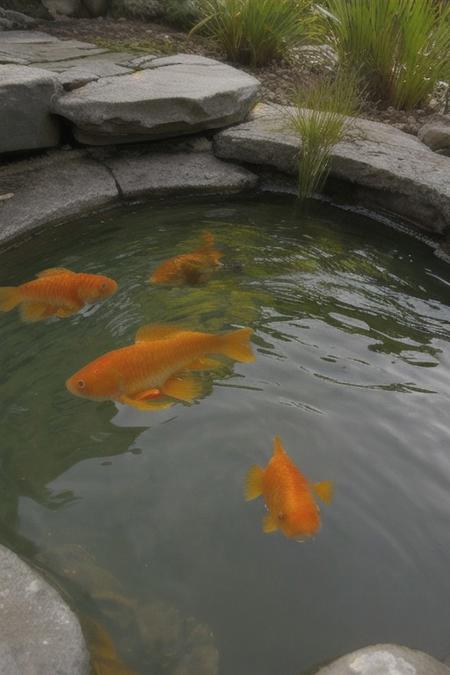 Show me a picture of calico Ranchu gold fish in a pond with a blond middle aged woman in a bikini, Rachu goldfish swimming, accurate depiction of Ranchu goldfish,