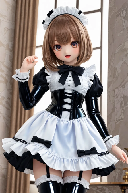 masterpiece, 1girl maid, wide angle, fullbody, gravure pose dynamic, (sissy:1.3), (silky satin sissy long dress with many ruffles:1.3), (satin showgirl microskirt:1.3), thick thighs, (Glossy clothes luster:1.3), garter straps, thighhighs, (gothic latex corset narrow waist:1.2), boots, wide hips, light smile, open mouth, subtle ambient glow, glistening clothes, textured fabric, perfect anatomy propotions, (beautiful body:1.1), absurdres, delicate and intricate hair, global illumination, face lighting, <lora:lcm-lora-sdv1-5:0.4>