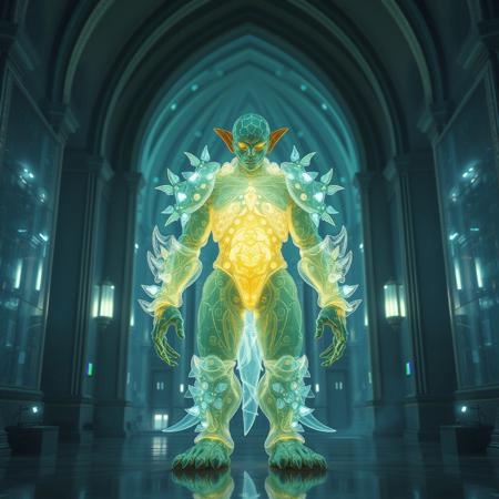 Masterpiece 5 protozoa/humanoid, bioluminescence translucent  body, with no ears and no nose, 32k, 16k, 8k, masterpiece, cinematic art, Kaiju bioluminescence translucent armor, standing inside a bioluminescence translucent cathedral,